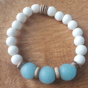 White and Turquoise Stretch Beaded BoHo Bracelet